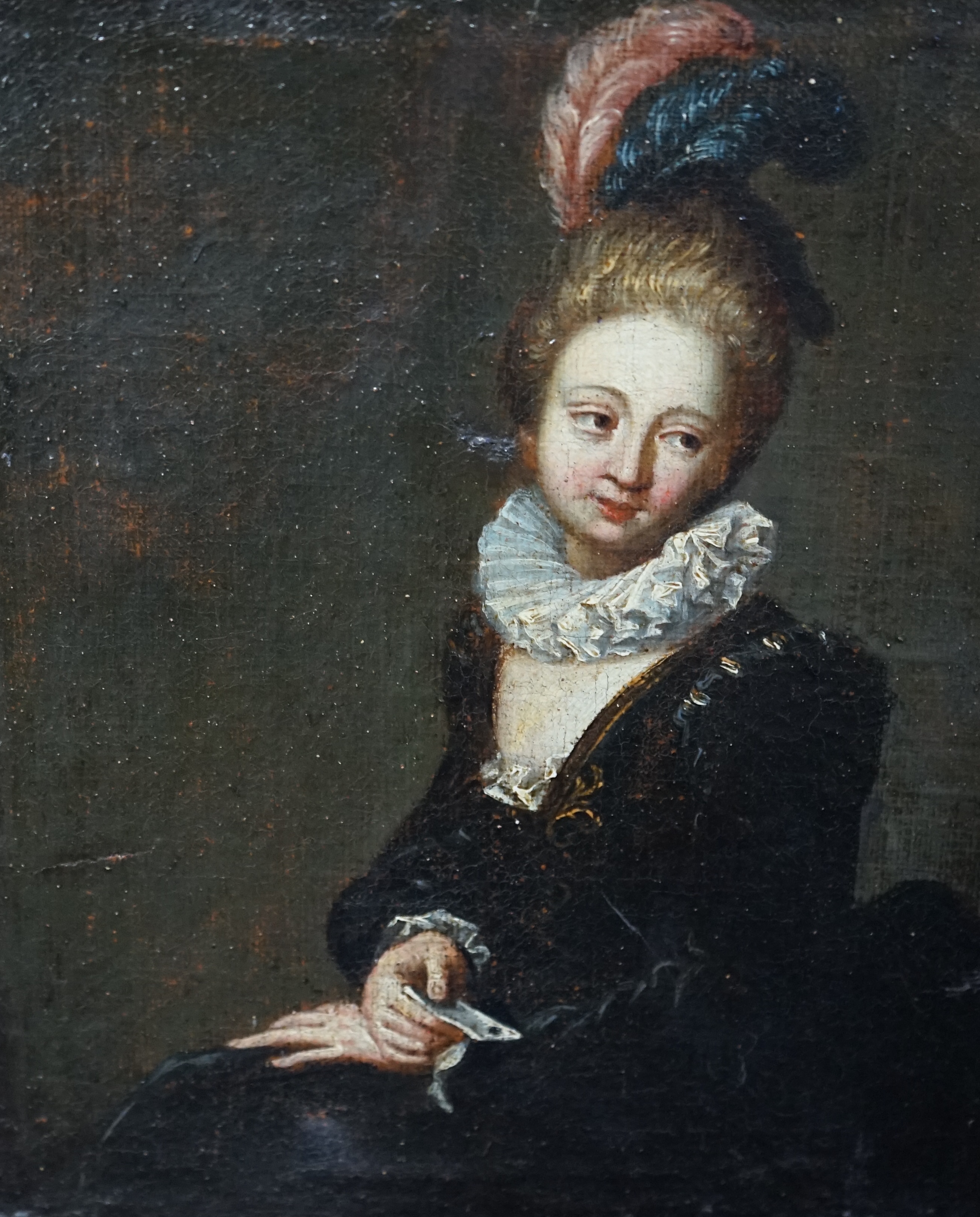 Late 18th Continental School , Portrait of a seated lady wearing a black dress, lace ruff and feathered headdress, oil on canvas, 25 x 21cm